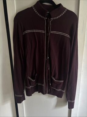 Worth Dark Burgundy Knit Button-Front Cardigan Jacket with Contrast Stitching